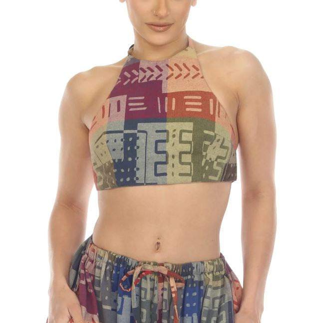 Woven Tribal Patch Print Halter Top 40317