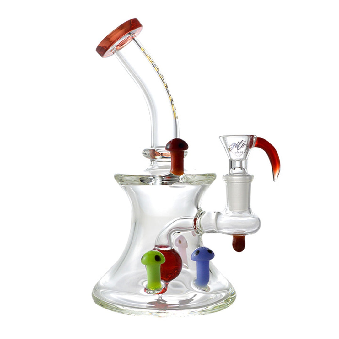 Glass Art - Watervase - Gili Glass - 14mm - 7.5in - Offset Tube Shift - Stemless - Orb Perc w/ Mushroom Ornaments