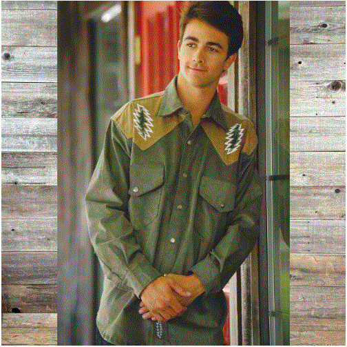 JOHNNY B SHIRT 2 Tone Corduroy Snap Up L-Sleeve Shirt w/GD Bolt SY Embroidery