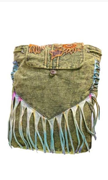 Crossbody Bag Dyed Green Heavy Cotton w/Embroidered Sunflowers & Tie-Dyed Fringe