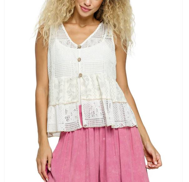 Boho Floral Knit Vest Button Up 25106