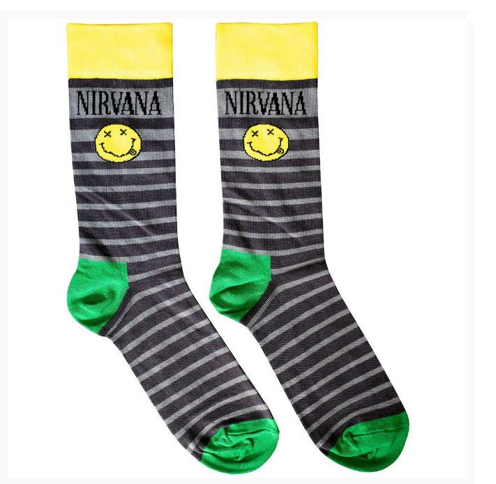 Nirvana Unisex Ankle Socks - Happy Face & Logo Stripes (Grey)