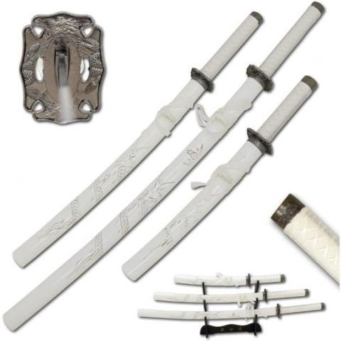 3 Pcs White Dragon Samurai Sword Set