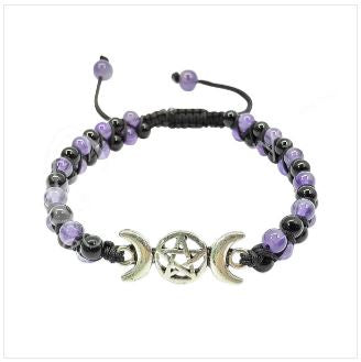 Triple Moon Charm on Black Agate & Amethyst Adjustable Bracelet
