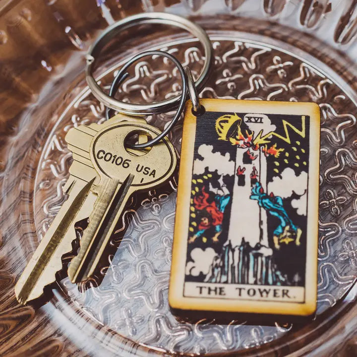 Tarot Card Full Color Wooden Keychain - The Tower