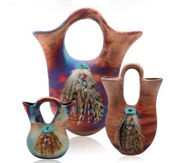 Raku Wedding Vase w/Stones & Feathers