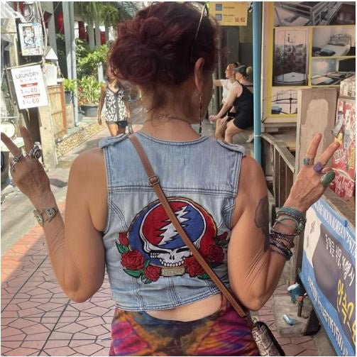 EST. 1965 VEST Stretch Denim Vest w/Grateful Dead SYF & Roses Embroidery