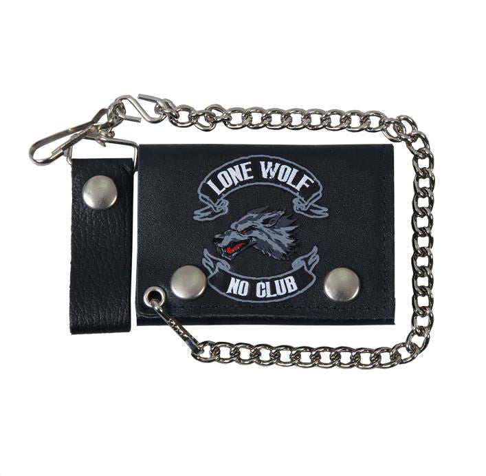 Hot Leathers - Lone Wolf Tri-Fold Black Leather Wallet w/Chain