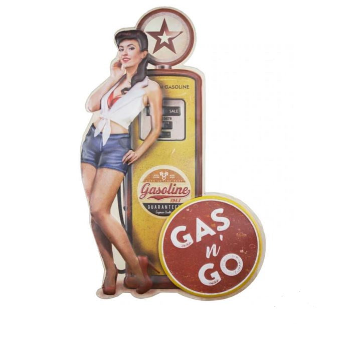 Gay Pump Pin Up Brunette Shaped Embossed Metal Sign