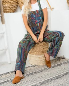 Paths of the Spirit - Mushroom Prints on Patchwork Cotton Overalls