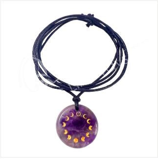 Gemstone Engraved Moon Phases Round Pendant on Cord