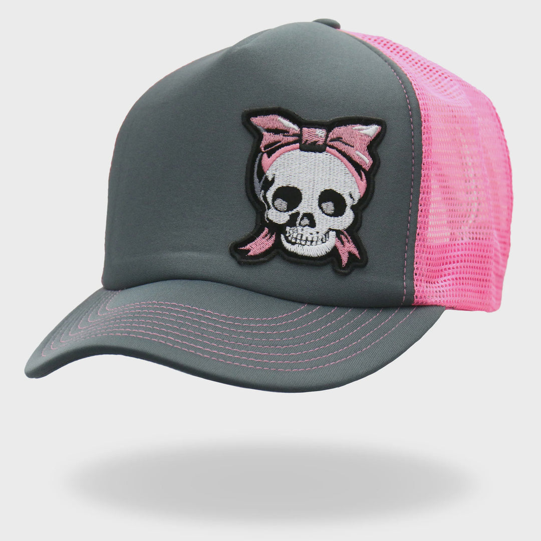 Hot Leathers Charcoal and Pink Girly Skull Trucker Hat GSH1052