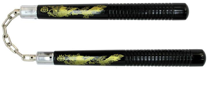 12" Nunchuck Black Wood Gold Dragon