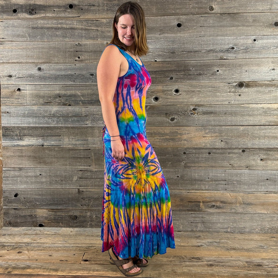 KALEIDOSCOPE DREAMS MAXI DRESS Rayon Spandex Tie Dye Coresette Back Maxi Dress