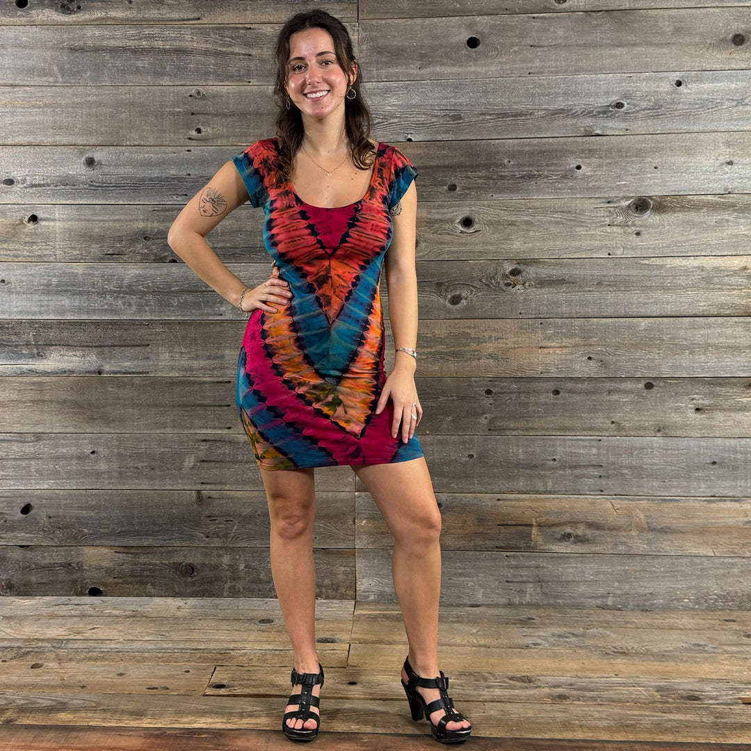 DESERT SUNSET MINI DRESS Rayon Spandex Tie Dye Peek-A-Boo Body Con Mini Dress