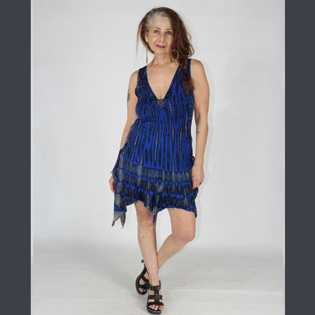 BLUE ABYSS DRESS Rayon Spandex Tie Dye Fairy Cut Cinch Mini Dress