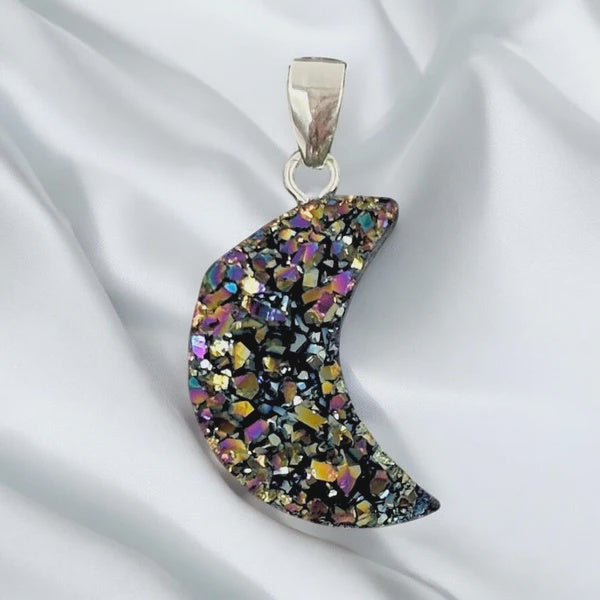 Rainbow Druzy Moon Pendant - 925 Sterling