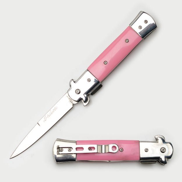 Italian Style Stiletto Folding Knife Pink Handle