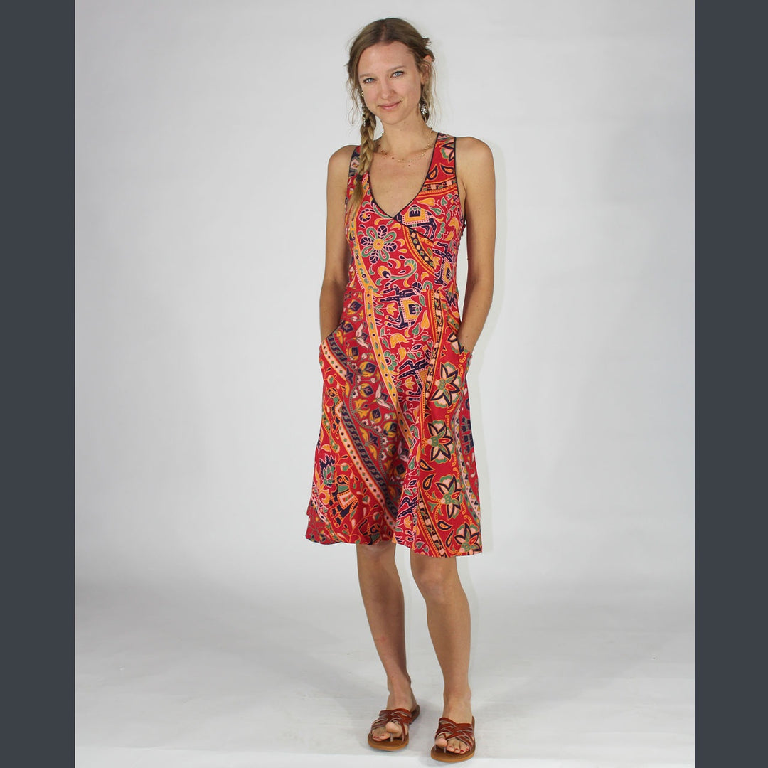 CARAVAN DREAMS DRESS Cotton Indian Print Tank Sleeve Mini Dress w/ Pocket