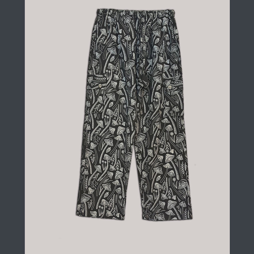 MAGIC CAP PANTS - Cotton Cargo Pants w/Multi Mushroom Print & Buttons