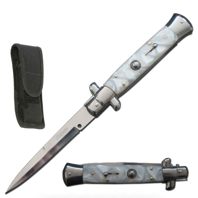 9.75" Italian Milano Stiletto White Pearl Handle Automatic Knife