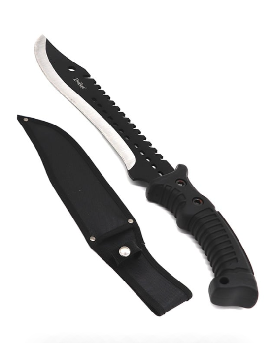 16" Fixed Blade Outdoor Hunting Knife, Black Rubberized Handle