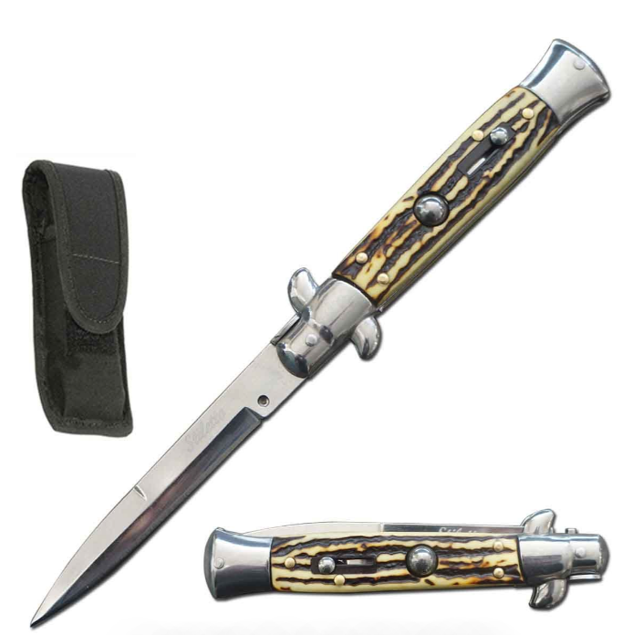 8.75" Italian Stiletto Automatic Switch Blade Knife Stag Handle