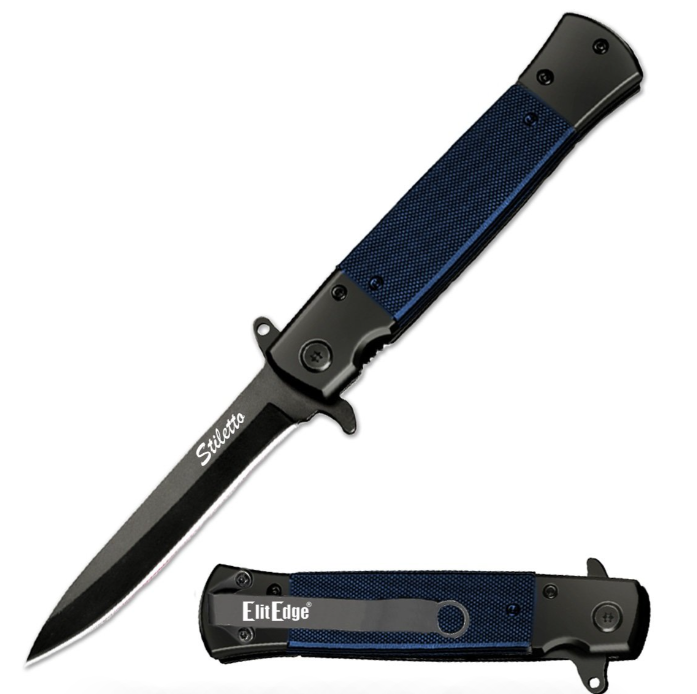 8.5" Classic Italian Style Stiletto Blue Folding Spring Assisted Open Pocket Knife