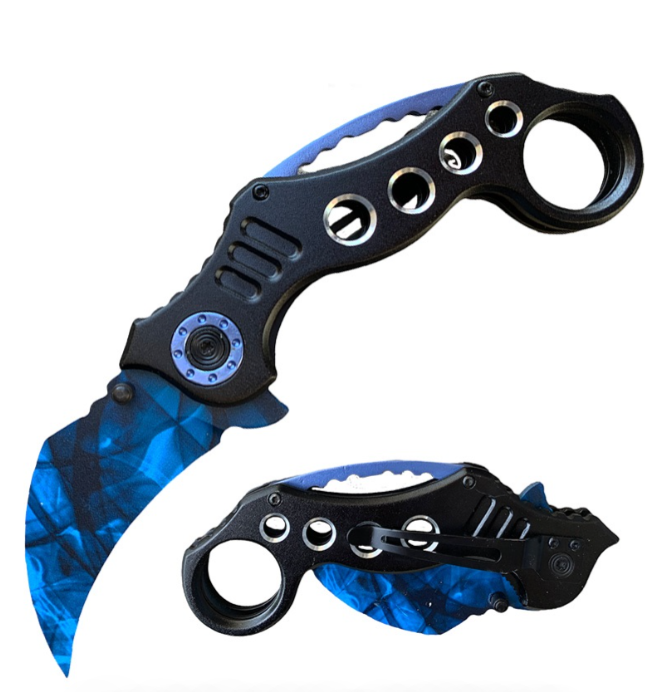 8" Military Blue Karambit Claw Spring Assisted Folding Open Pocket Knife