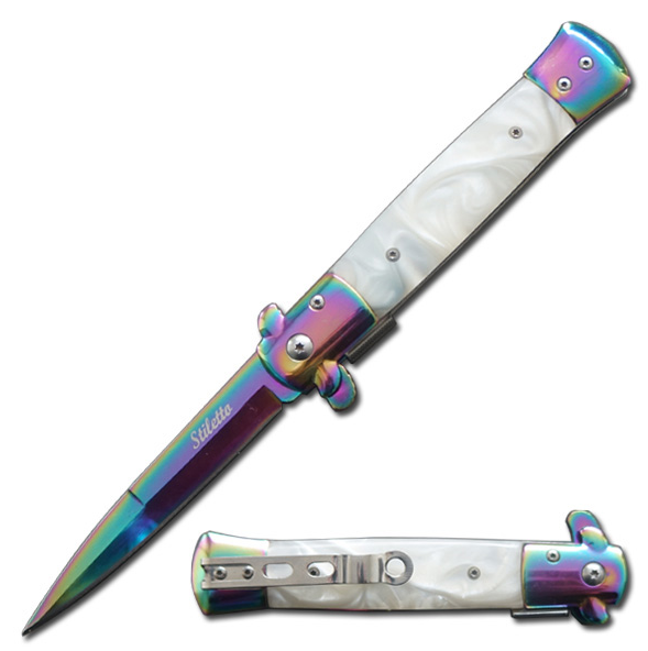 5" Closed Rainbow Blade Stiletto Style Spring Assist Knife White Handle
