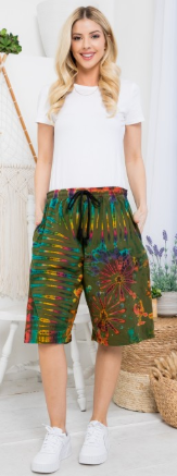 Tie Dye Cotton Shorts w/Drawstring & Side Pockets