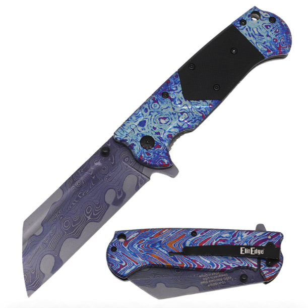 Titanium Damascus Etched Cleaver Razor Assisted Open Pocket Folding Knife G10 Handle