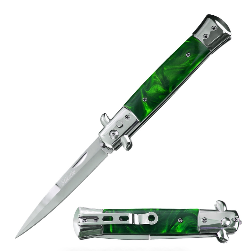 5" Closed Classic Stiletto Automatic Knife - Green Pearl Handle