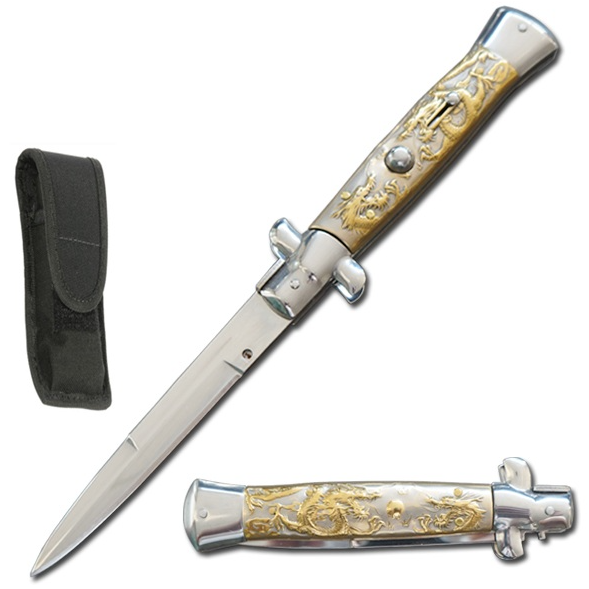 9.75" Italian Milano Stiletto Gold Dragon Handle Automatic Knife