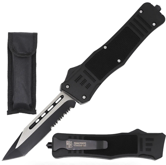 9" Black STEEL Ghost Tactical OTF Pocket Knife Tanto Point Blade
