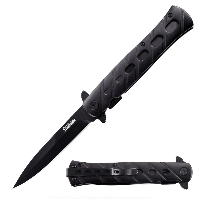 9" Spring Assisted Black STILETTO Style Pocket Knife