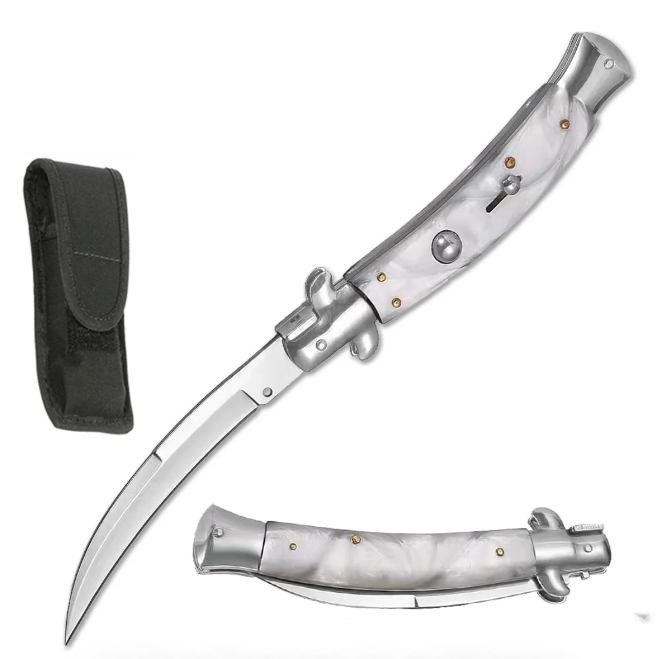 9.75" White Pearl Handle Italian Stiletto Switch Curved Blade Pocket Knife