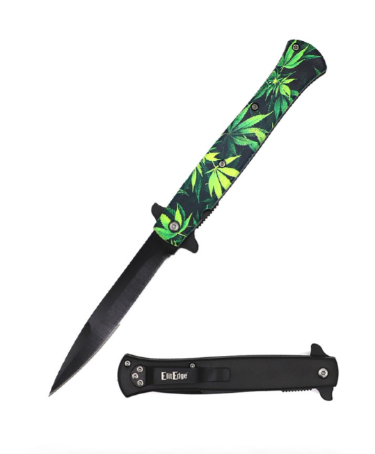 9" Marijuana Leaf Stiletto Style Spring Assist Opening Pocket Knife