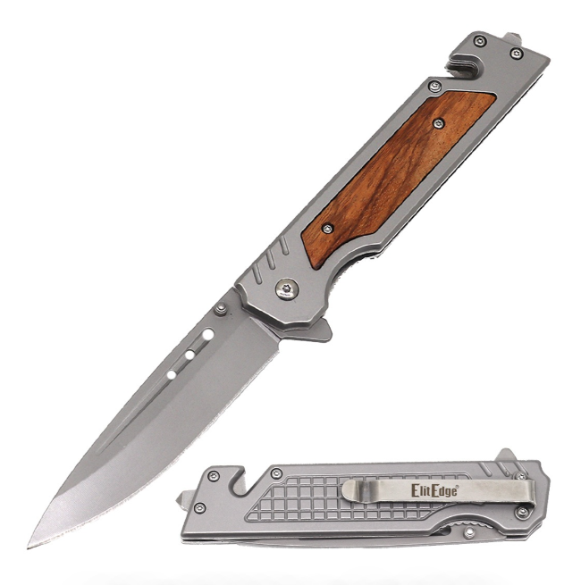 9'' Spring Assist Folding Pocket Knife - Tactical Multitool Wood Handle