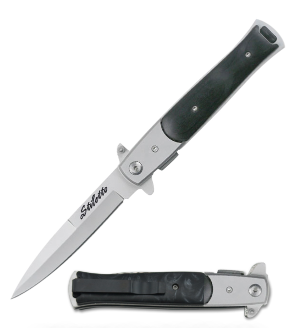 5" Closed Stiletto Style Spring Assist Knife with Wood Overlay Handle