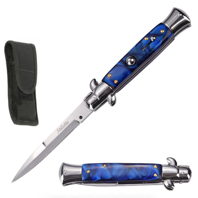 8.75" Italian Stiletto Automatic Knife Blue Marble Handle