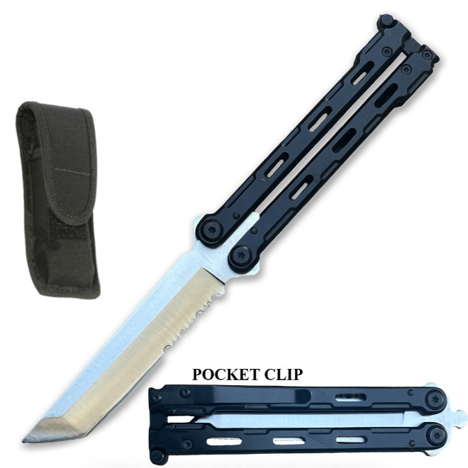 8.25 Inch Overall Tanto Serrated Blade Balisong Butterfly Knife