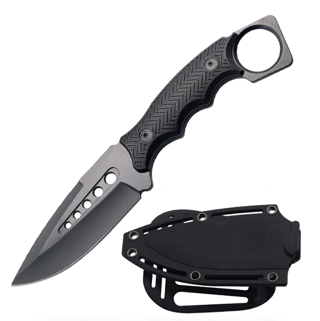 8.5" Fixed Blade Black Tactical Hunting Knife ABS Belt Loop Holster Sheath