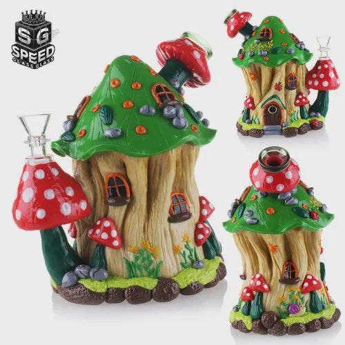 7" Ceramic Hand Painted Bent Neck Mushroom Water Pipe