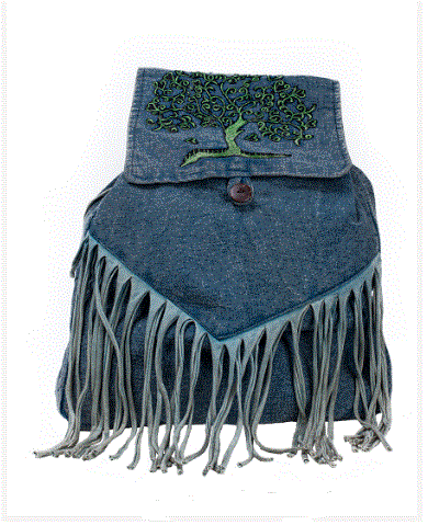 Earth Divas - Blue Cotton Drawstring Backpack w/Tree of Life & Fringe