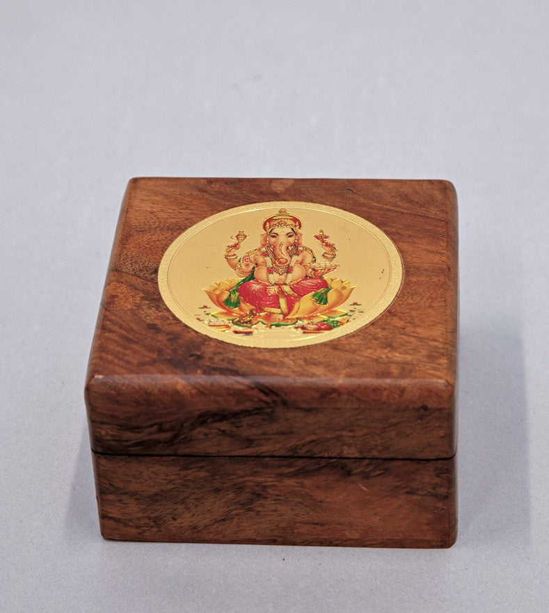 4 Inch Wood Box With Gold Ganesha