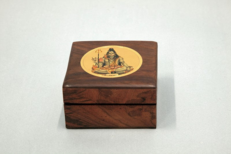 4 Inch Wood Box With Gold Shiva