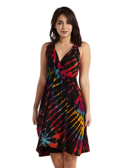 Tie Dye Criss Cross Back Dress - Black/Rainbow