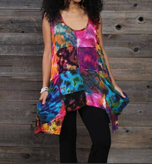 Jayli - "WILD RAINBOW" Viscose Lycra Patchwork Tie Dye Long Top w/Pockets