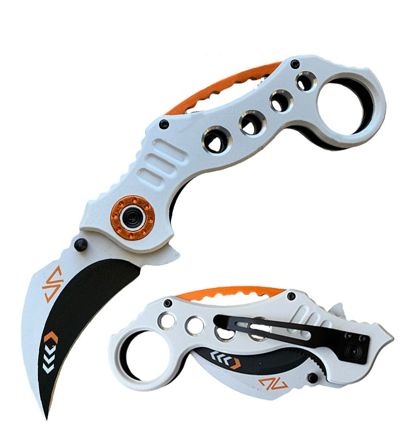 5.25" Closed Spring Assisted Folder White Karambit Tactical Knife